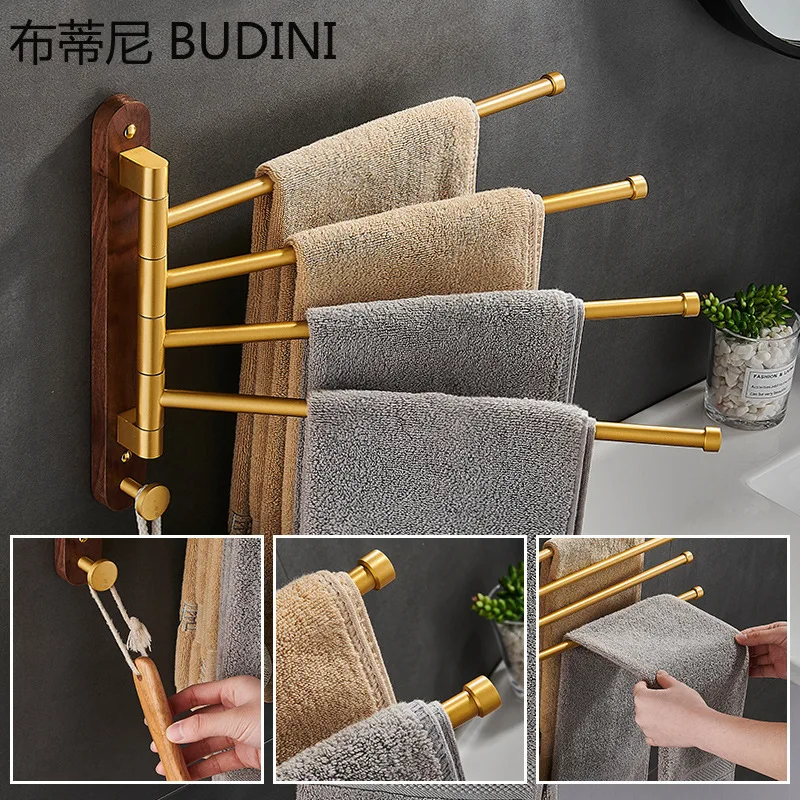 Bathroom Black Walnut Gold Rotating Towel Rack Space Aluminum Belt Hook Folding Bathroom Movable Towel Bar  Shower Shelf
