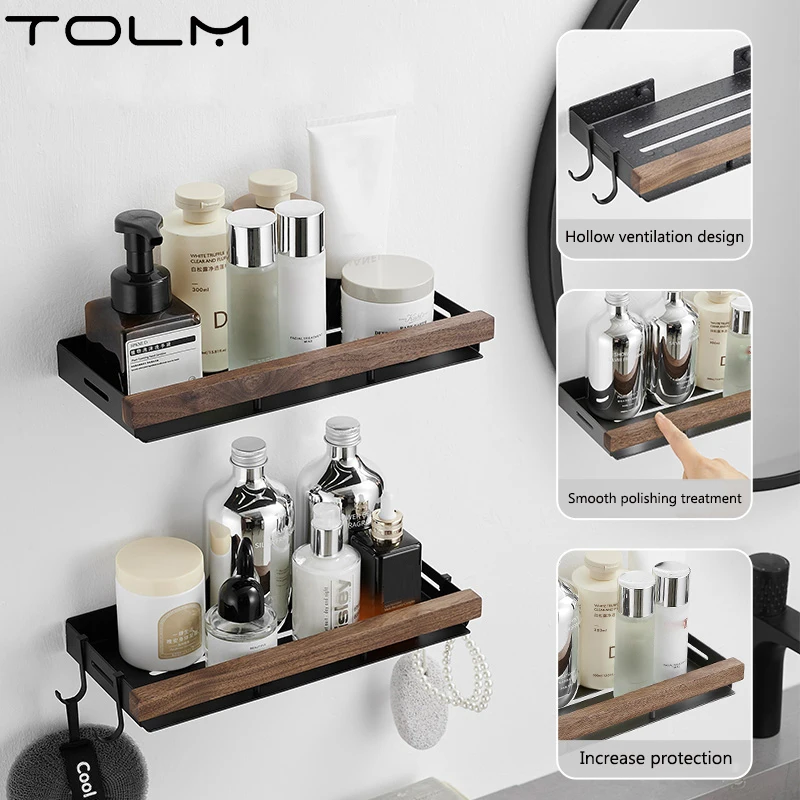 TOLM Bathroom Shelf Aluminum Shower Shelf wood Shower Shelf Black Finish Storage Suction Basket Storage Rack Bathroom Accessory