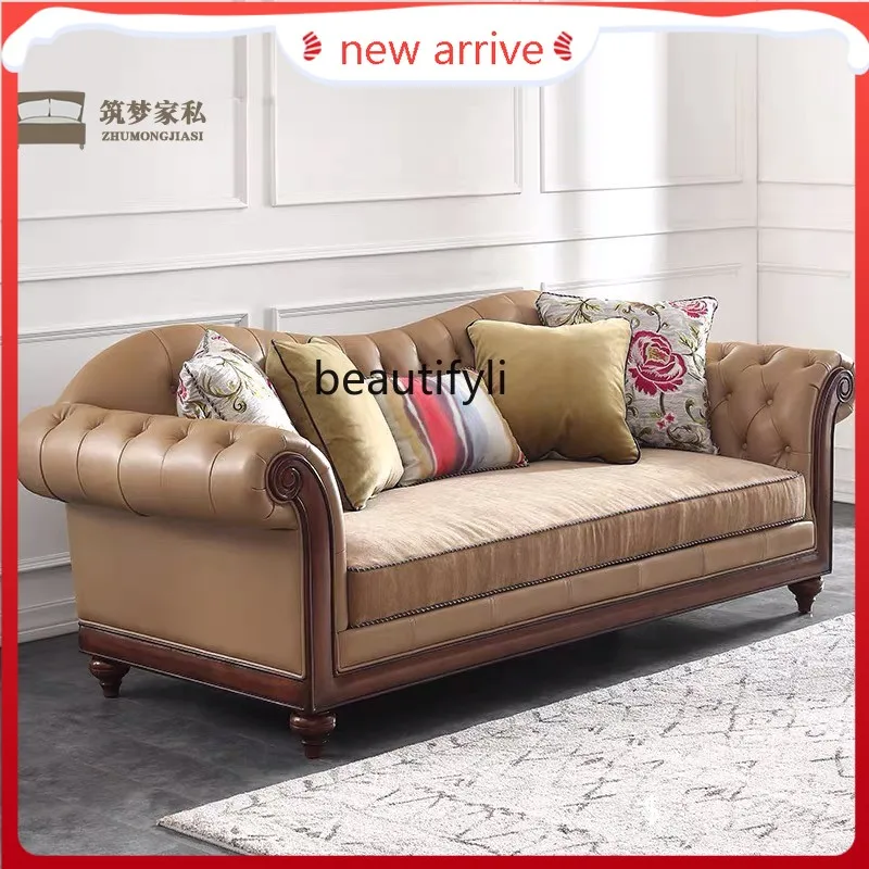 S132 American Retro Distressed Solid Wood Cloth Craft Sofa Wood Carved New Classical Single Three-Seat Sofa