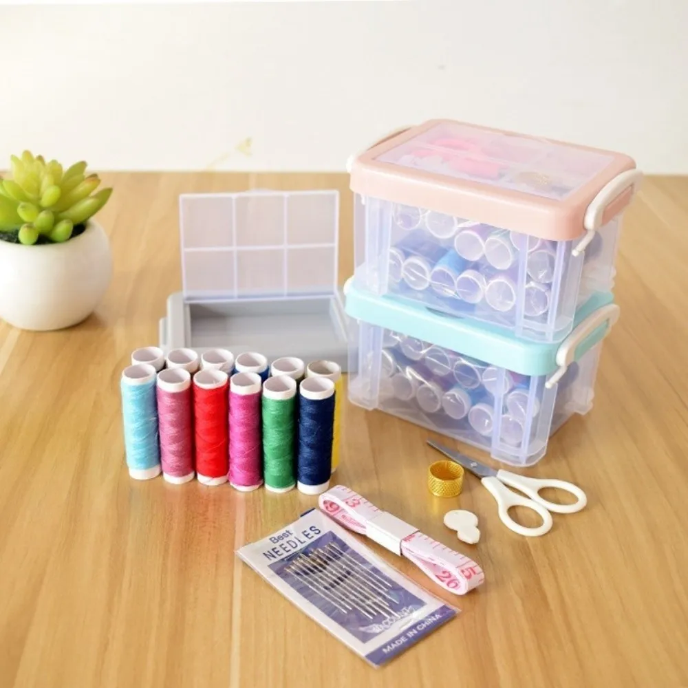 18pcs Craft Spools DIY Sewing Tool Kit Three-Layer Large Capacity Sewing Kit Box Portable Needle Thread Box DIY Mending