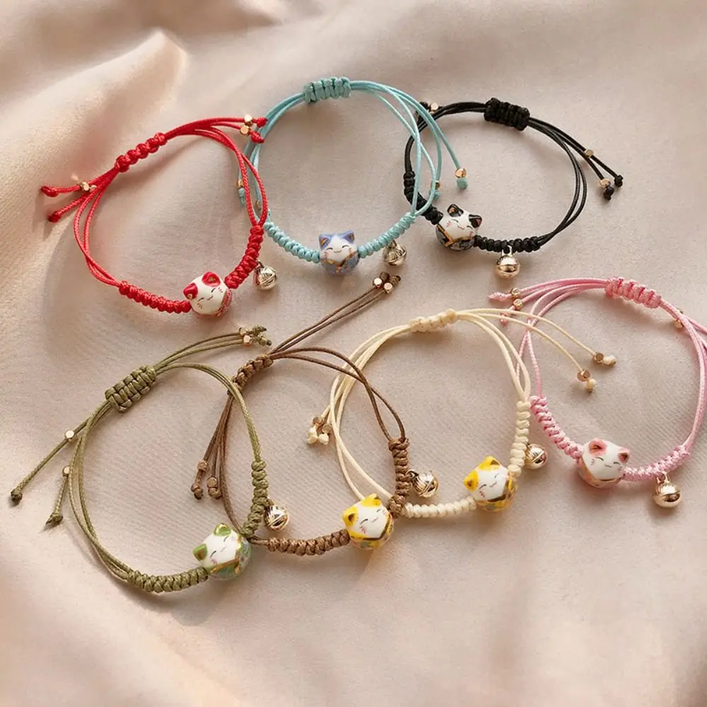 Cute Japanese Cartoon Fortune Cat Bracelet Ceramic Kitten Adjustable Handmade Braided Color Hand Rope Women Lucky Jewelry Gifts