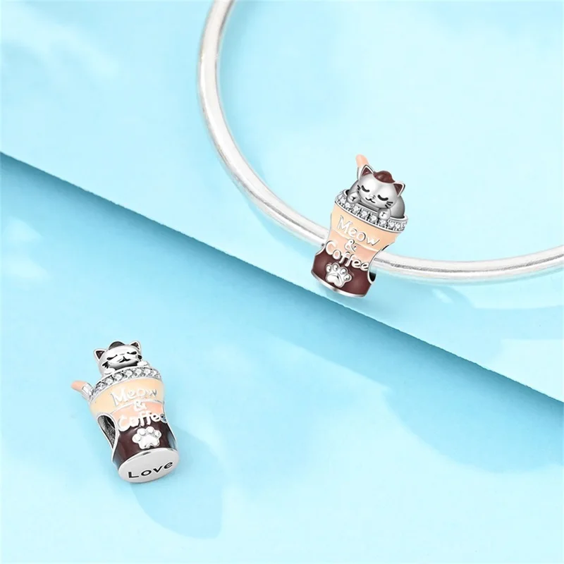 925 Sterling Silver Cream Cat Coffee Cup Charm Bead Fit 3mm Original Bracelet DIY Women Exquisite Anniversary Jewelry Gifts