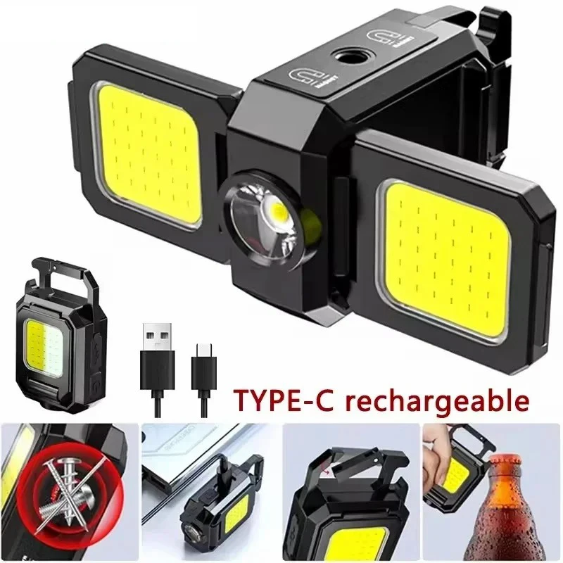 C5 1-2PC COB Work Light USB Rechargeable Lamp Flashlight Mini Keychain Light with 90° Foldable Side Lights Super Bright Lanterns