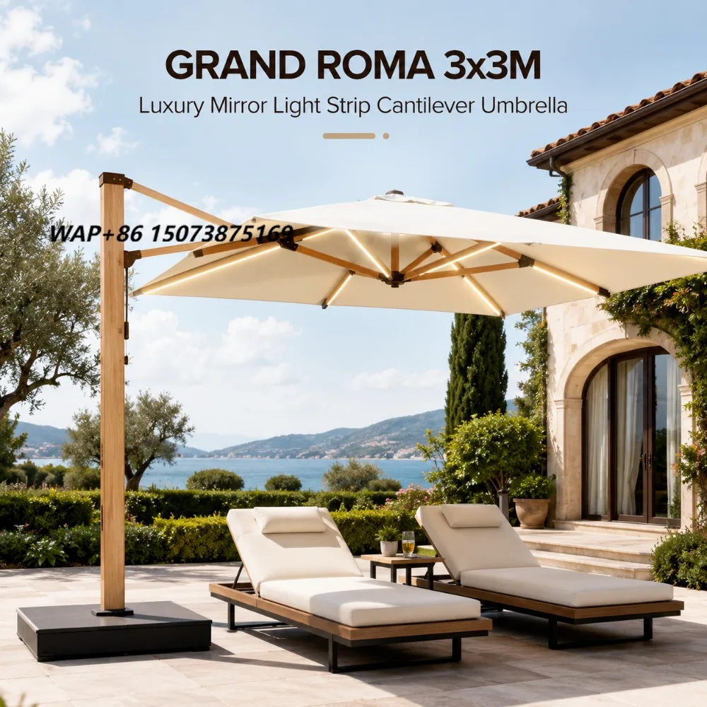 3x3m Foldable Waterproof Cantilever Patio Umbrella FLD7001 LED Lights Aluminum Sunshade for Outdoor Furniture Hotel Resort