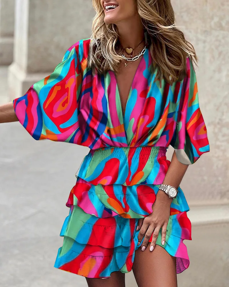 Women's Sport Dress V-Neck Loose Batwing Sleeve Elastic Waist Printed Dress Mini Casual Ruffle Hem Dresses