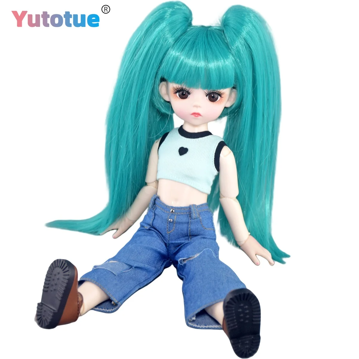 YUTOTUE 12 inch Height Cute Girl Doll with Vest Pants Shoes Short Hair Wig and Two Ponytail Lifelike BJD Toy