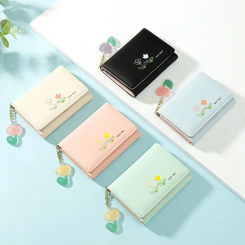 Women Folded Bag Tulip Prints Pattern Multiple Card Slots Clutch Bag Card Holder Women Wallet Short Coin Purse Credit Card Clip
