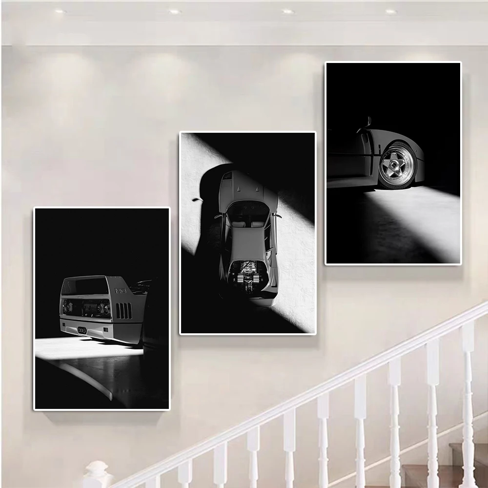 Classic Minimalist Sports Car F40 Poster Black And White Supercar Canvas Painting Luxury Racing Wall Art Boys Room Home Decor