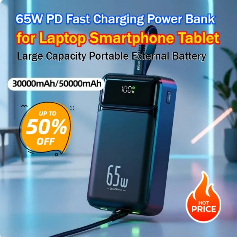 65W PD Fast Charging Power Bank 30000/50000mAh Large Capacity Portable External Battery for Laptop Smartphone Tablet