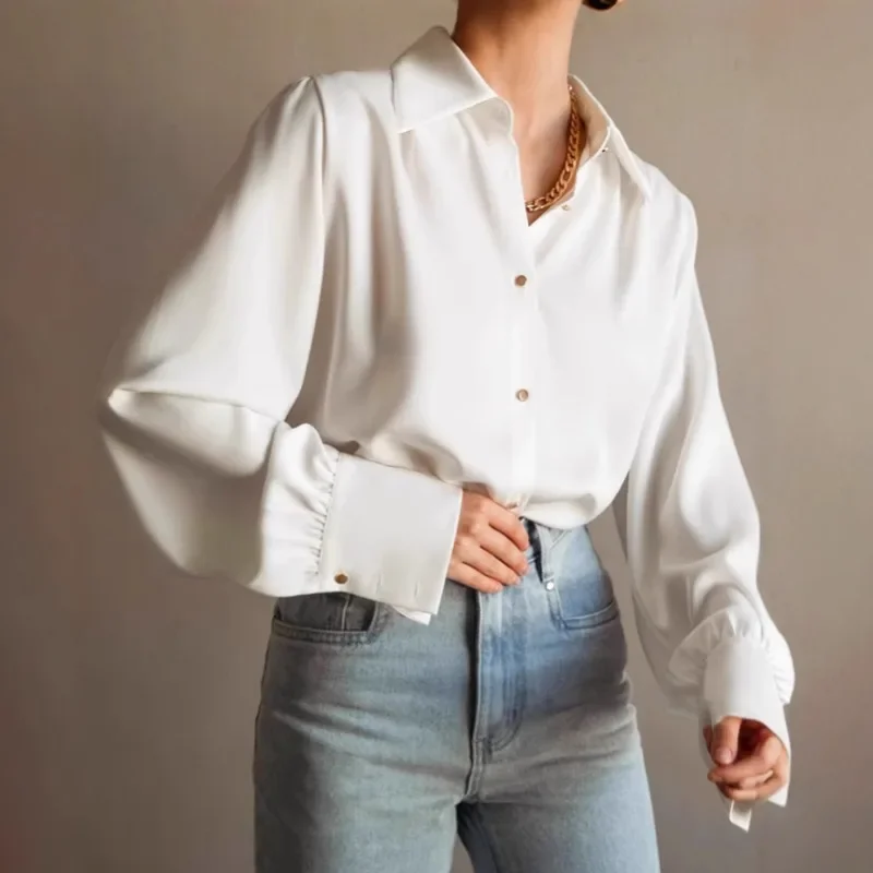 French-style Collar White Long-sleeved Blouse Women Fashionable Stylish Mid-length Blouse 2026, Professional Women's Clothing