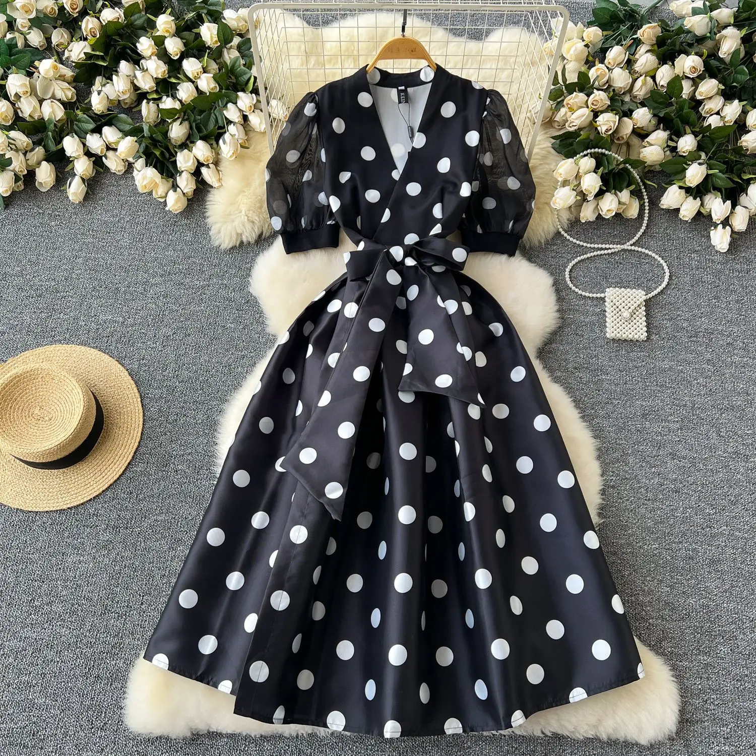 Dress Women Long Dresses Print Dot A Line Vestidos Streetwear V Neck Puff Sleeve Elegant Splice Y2k Party Night Work 2025