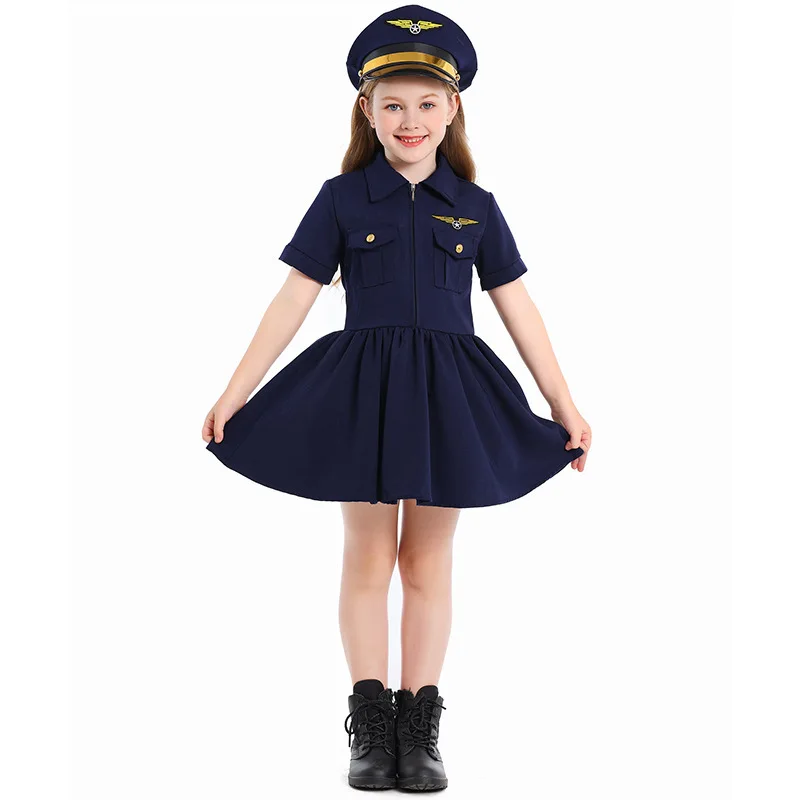 New Children's Style, Girls' Cosplay Professional Experience Costume, Deep Blue Pilot Dress, Captain