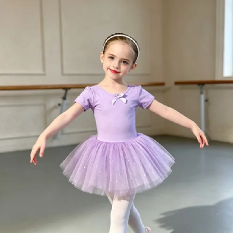 Girls' Short-Sleeve One-Piece Dance Dress with Sequin Tulle Skirt, Professional Dancewear for Girls' Daily Ballet Training