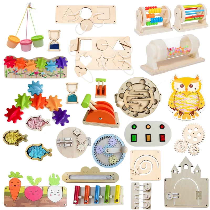DIY Montessori  Busy Board Accessories Bee Flower Gear Gate Educational Toys LED Lamp Drum Learning Wooden Game Busy Board Toy