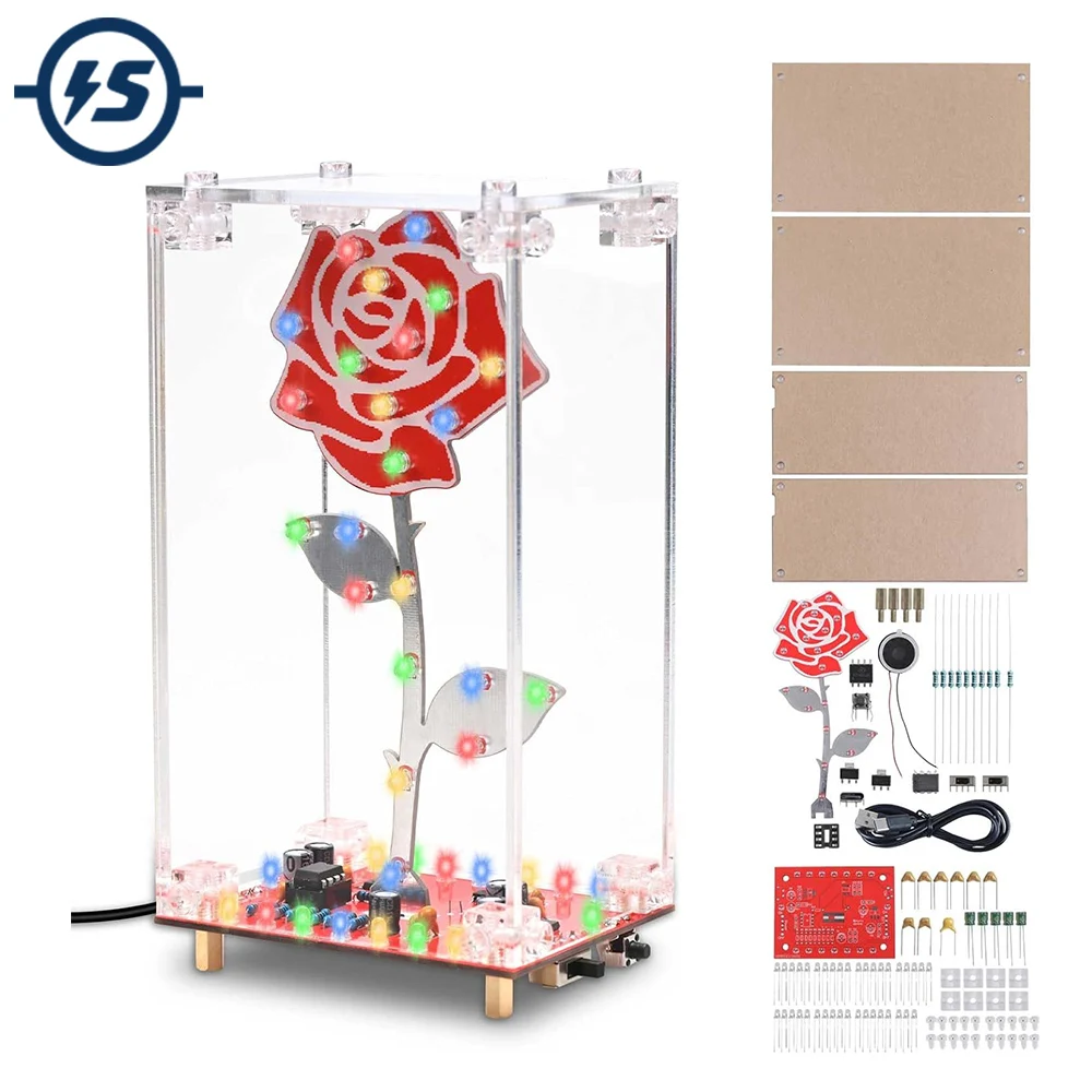 DIY Rose Soldering Practice Kit LED Flower Electronics Project with Acrylic Case Flashing Light Built-in Music Assembly Kits