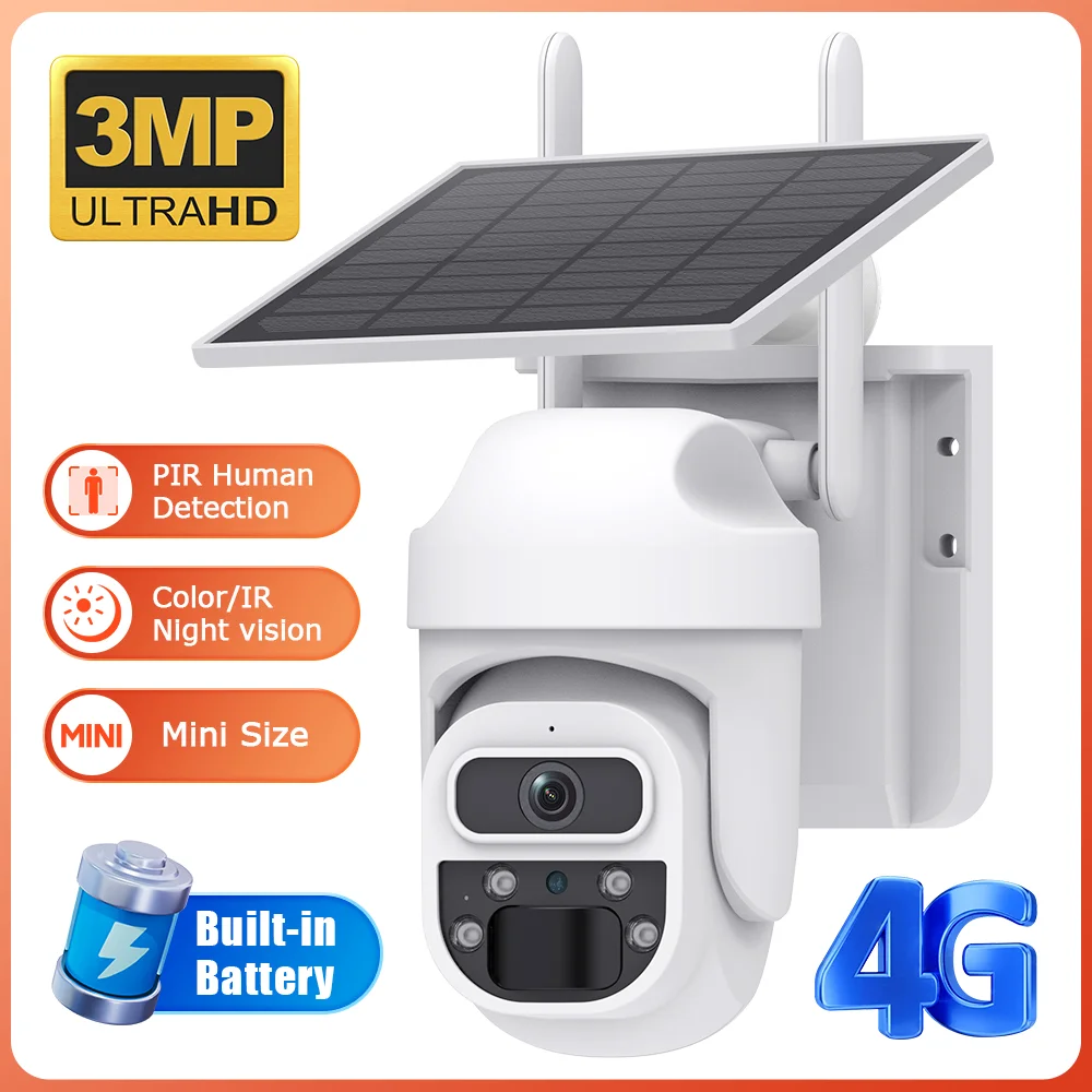 4G/WIFI 3MP Solar Powered Camera Rechargeable Battery PTZ Outdoor PIR Motion Detection 2-Way Audio Surveillance Camera