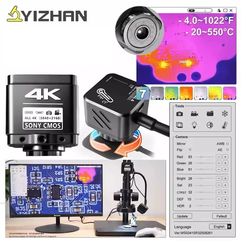 YIZHAN Thermal Imager 256*192 Pixels 4k Electronics Soldering Microscope Camera USB Built-in Software Repair Analyzing Tools
