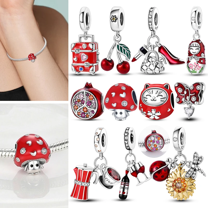 925 Sterling Silver Red Charms Beads Pendant Cherry Cat Bear Charms Fit Original Bracelet Necklace DIY Women Luxury Jewelry Gift