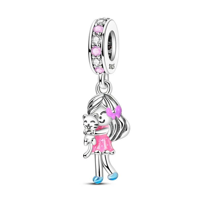 925 Sterling Silver Little Girl Holding Cat Charms Beads Zircon Dangle Fit 3mm Original Bracelet DIY Women Birthday Jewelry