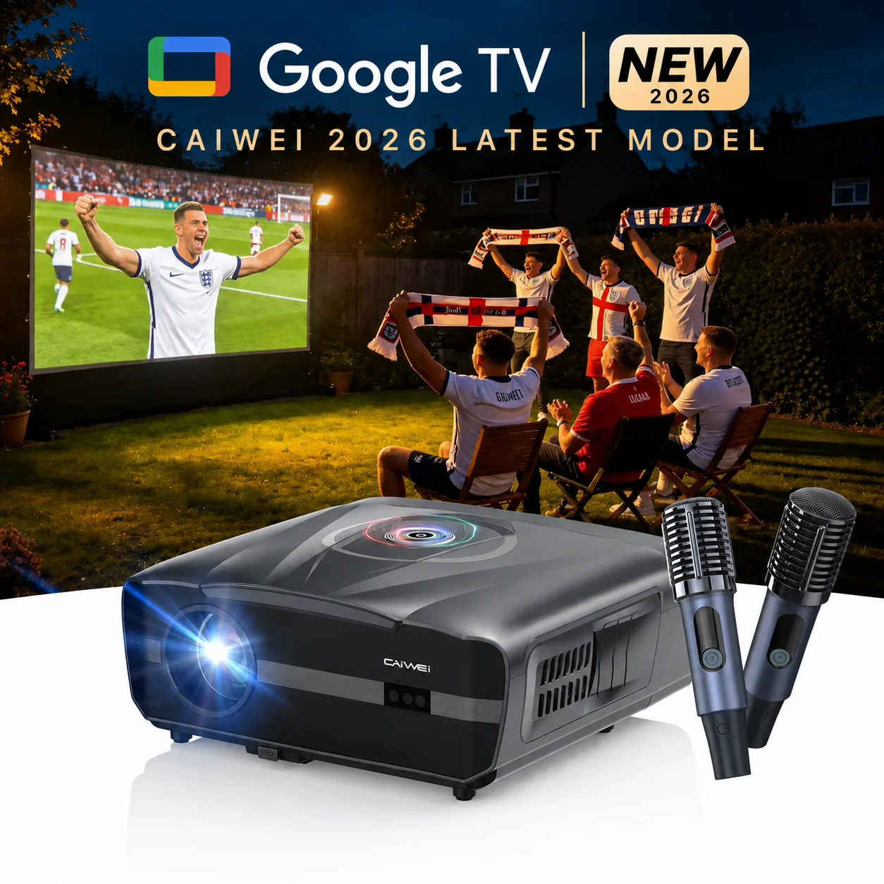 CAIWEI A9X 2026 New 4K UHD Projector Google TV 4200ANSI Android 14 Home Theater Karaoke 2 Mic Dual 38W Speakers Auto Focus Smart