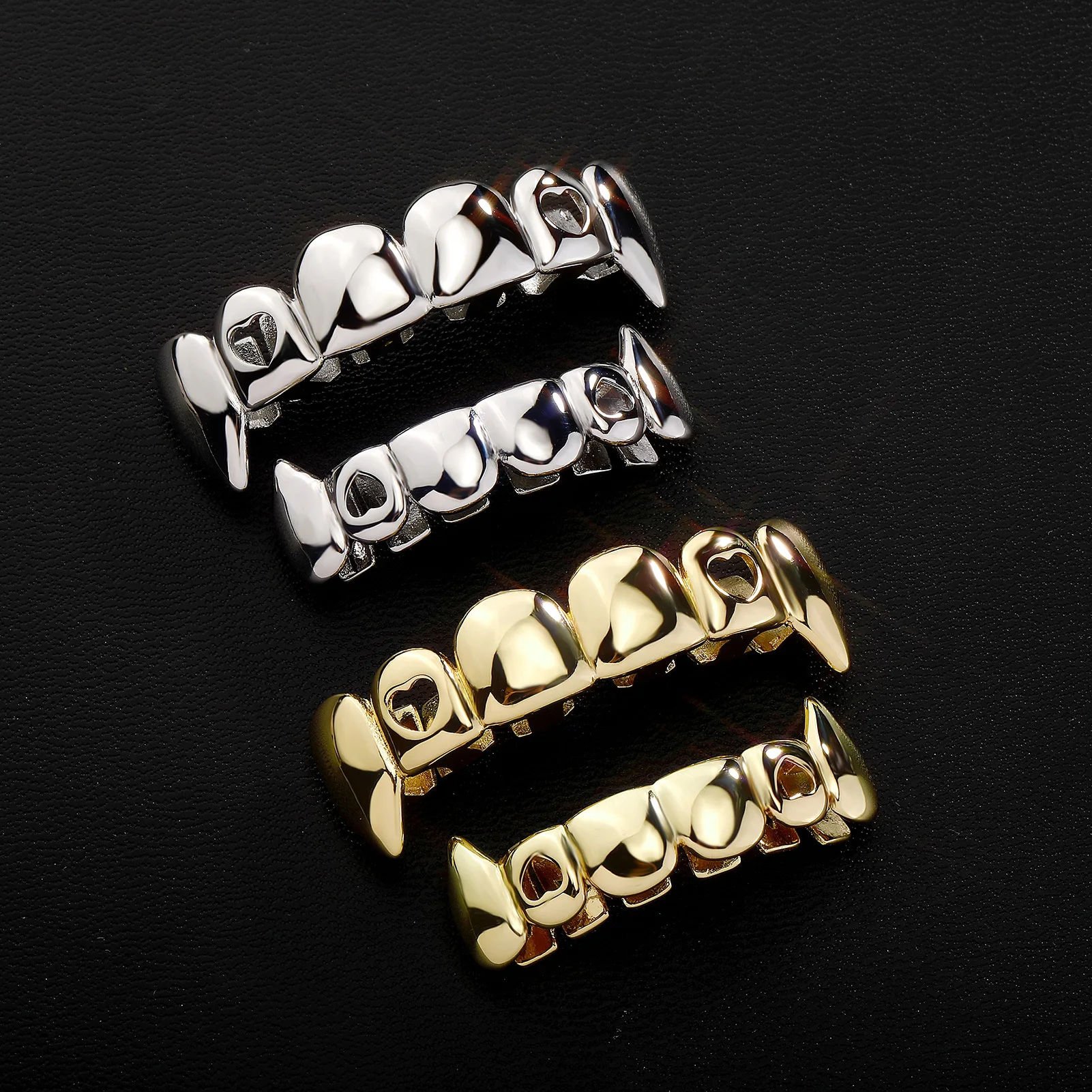 Gold Silver Plated 6 Teeth Vampire Fangs Grillz Smooth Plain Top Bottom Hip Hop Teeth Halloween Cosplay Rapper Costume Jewelry