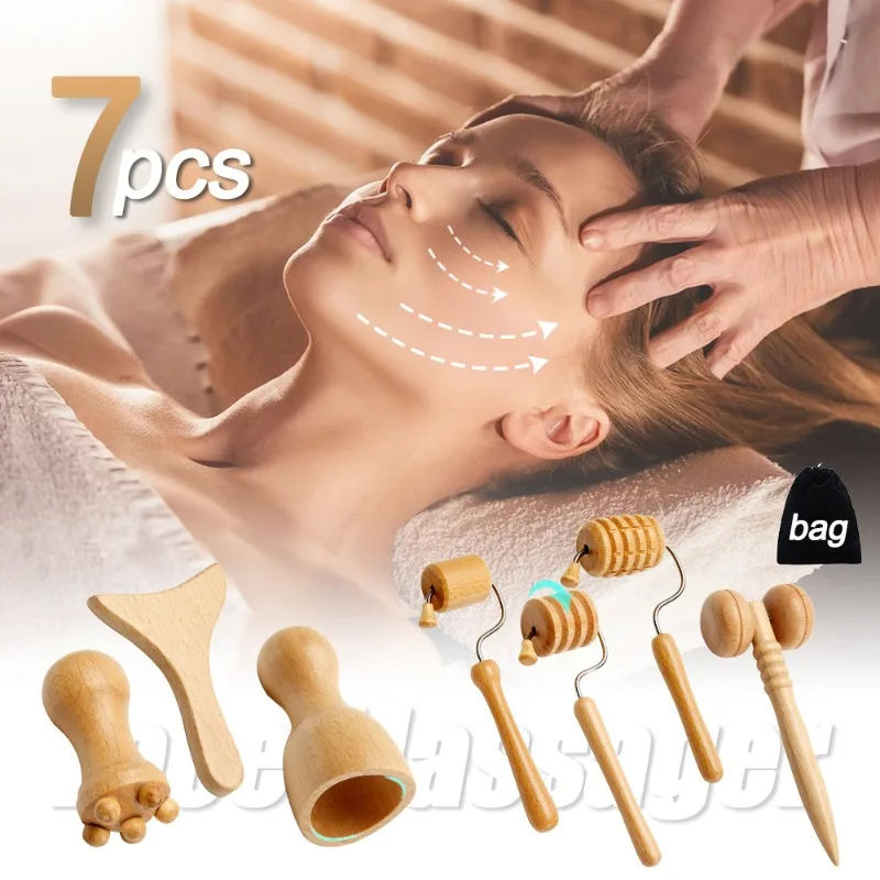 Wooden Face Massager Rolling Bar Wooden Scraping Massage Cup Head Massager V Face Slimming Massage Set