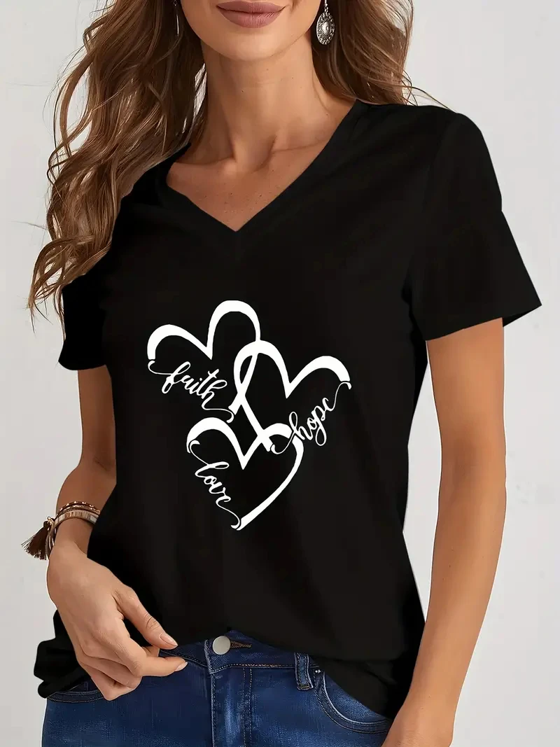 Funny Love 3D Print Women's T-Shirts Fashion V-neck Short Sleeve Tops Daily Casual Girl T shirt Summer Loose Tee Ladies Clothing