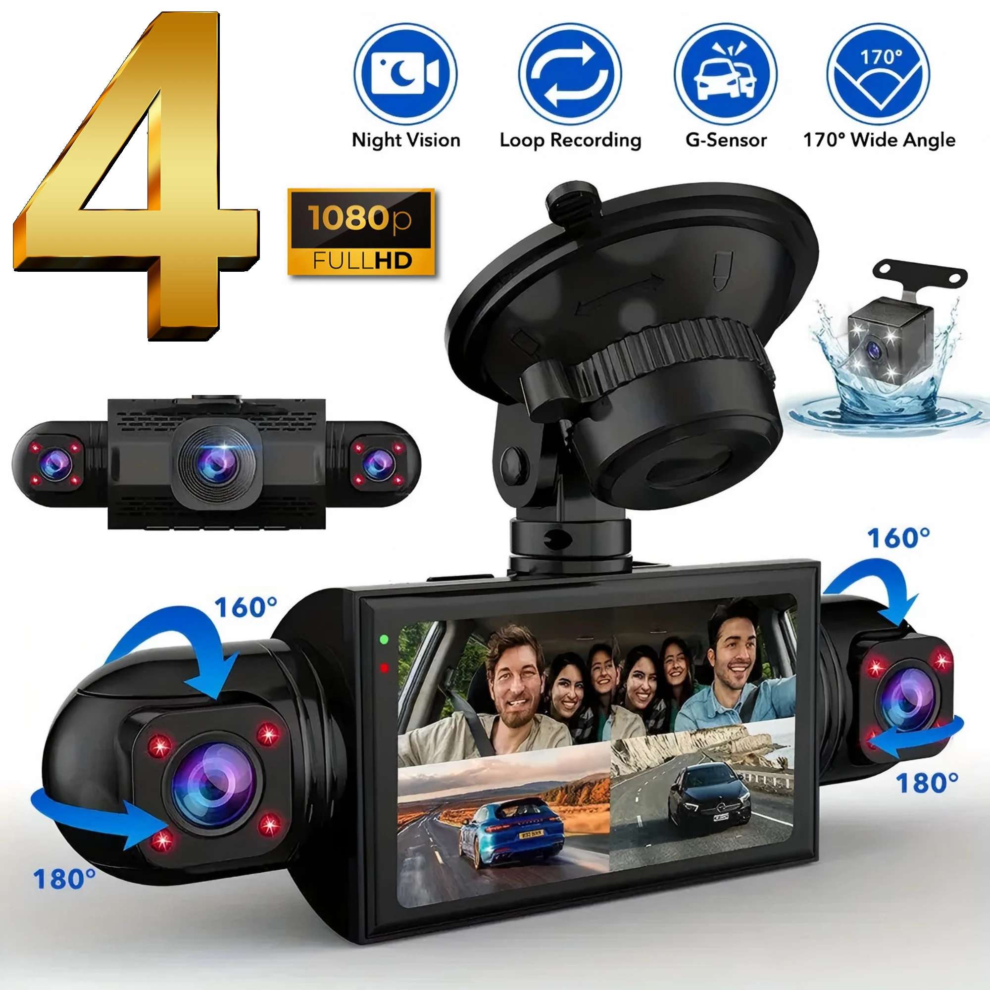 Car Dash Cam 4 Channel Black Box Driving Camera FHD 1080P Front Left Right Rear Night Vision Loop Recording Add Hardwire Kit