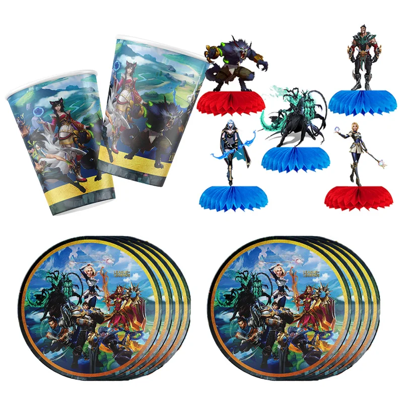 League of Legends Theme Birthday Party Dinner Set Flag Pulling Balloon Paper Plate Paper Cup Table Cloth Disposable Decorations