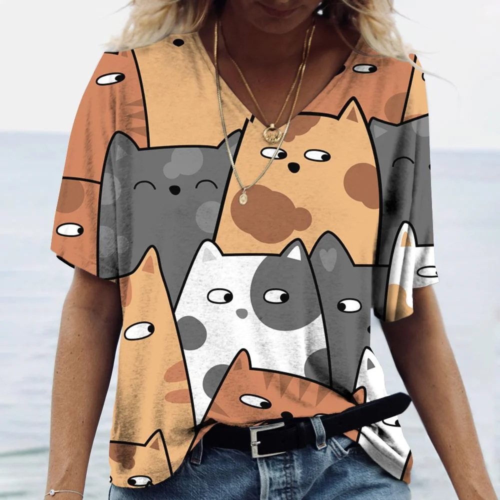 Fashion V-neck Women's T-Shirts Cartoon Cat 3D Printing Short Sleeve Tops Summer Loose Ladies Clothing Street Hip Hop Girl Tees