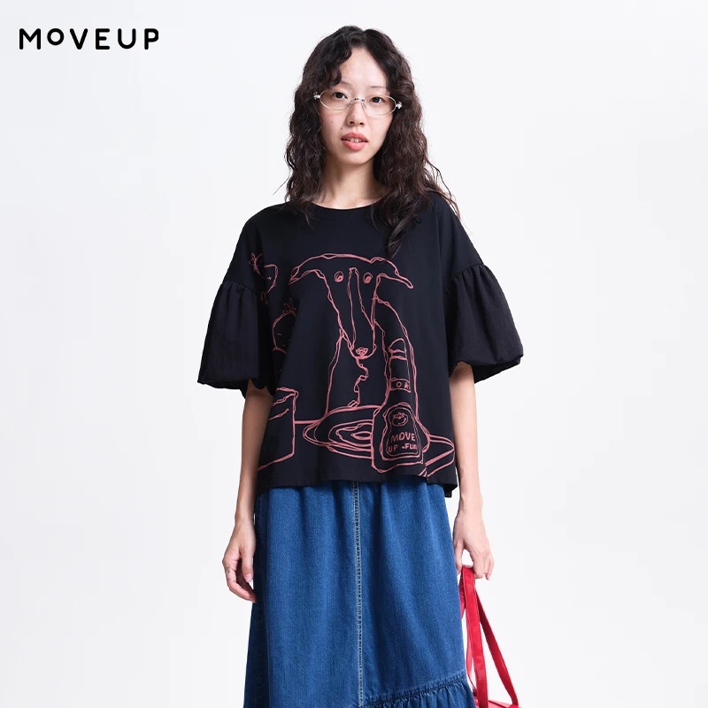 MOVEUP 2026 Spring New Arrival Short-Sleeve T-Shirt Round Neck Cartoon Print Design Puff Sleeve Top Casual  T-Shirt 3ELC11401