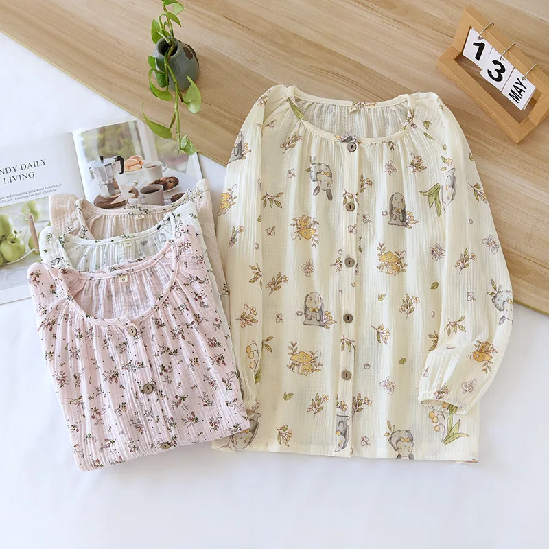 2026 New Spring/Summer Women's Pajama Top 100% Pure Cotton Thin Fresh Sweet Home Furnishing Single Piece Long Sleeved Top Ladies
