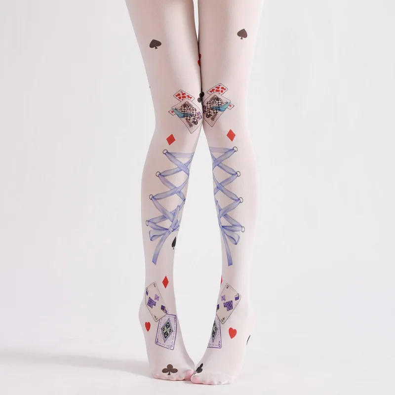 Personality Alice Style Poker Strap Printed Ladies Pantyhose Lolita Hottie Cosplay Anime Playing Cards Pattern Tights