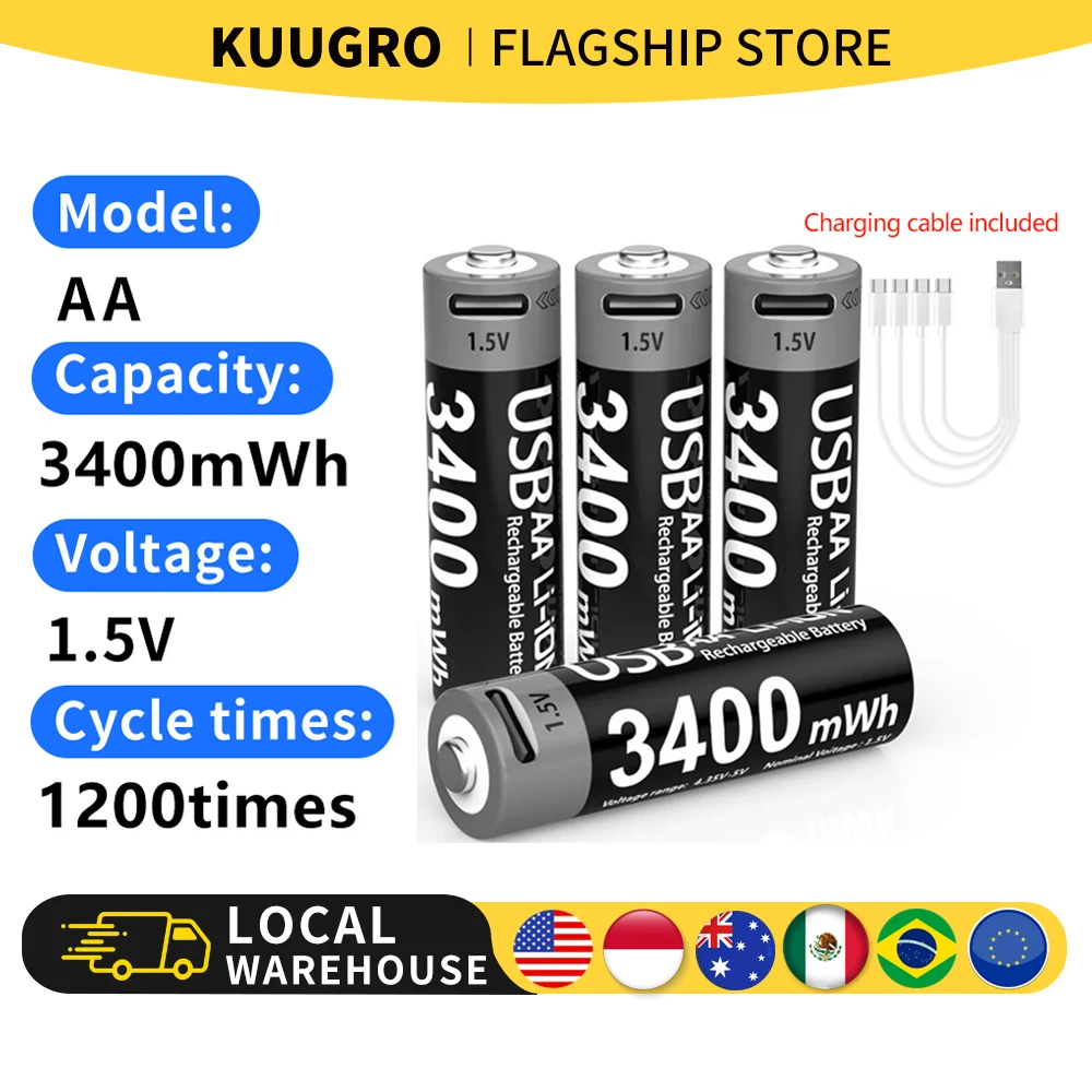 Kuugro USB AA 1.5V 3400mWh Type-C Rechargeable Lithium Battery for Hunting Camera Remote Control Mouse Smart Door Lock Toys