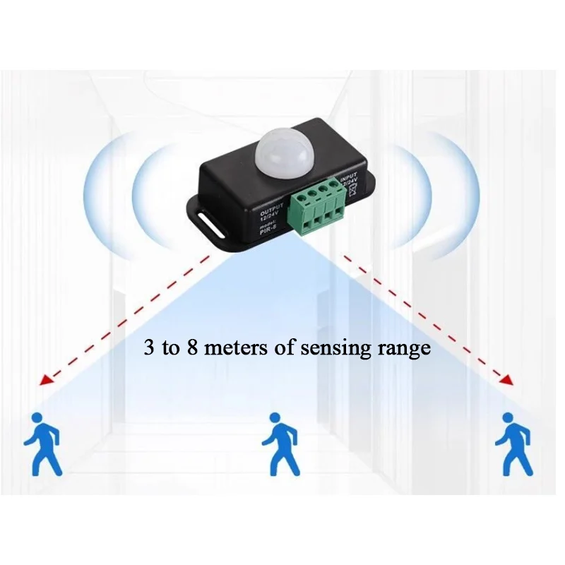 Black LED Human Body Sensor Switch 6A 12/24V with Adjustable Delay Time PIR 5050 Light Strip Module for Home Automation