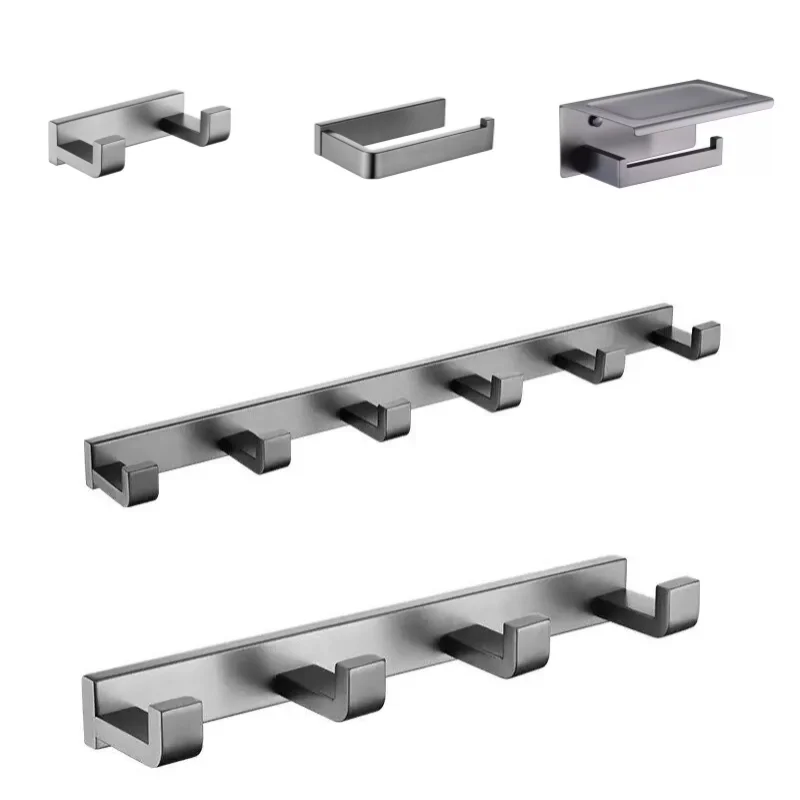 Brushed Grey Wall Mount Shelf Toilet Bath Hardware 2/4/6 Hook Paper Holder Towel Bar Rack Rail Rod Robe Hook Hanger
