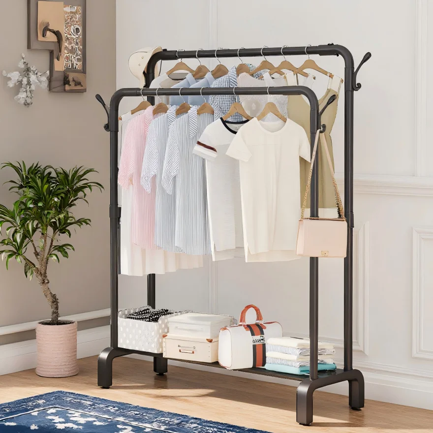 Upgraded Double-Rod Metal Cloth Rack with Hooks Multifunction Rust-proof Garment Rack Clothing Organizer Rack for Bedroom