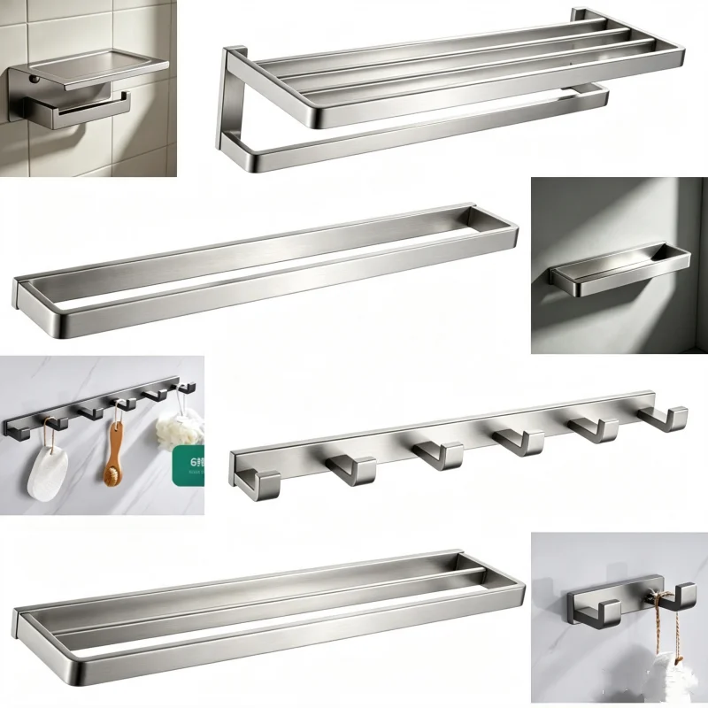 Brushed Nickel Wall Mount Shelf Toilet Bath Hardware 2/4/6 Hook Paper Holder Towel Bar Rack Rail Rod Robe Hook Hanger