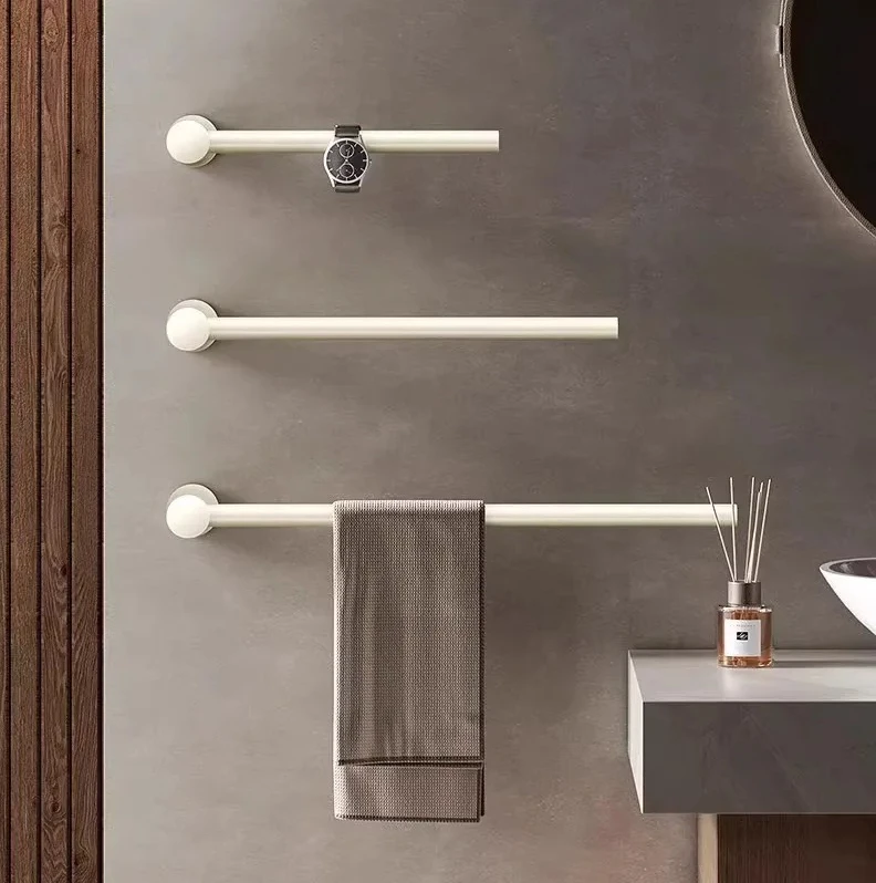 Space-Age Aluminum Minimalist Towel Rack, Gunmetal Gray Bath Towel Rack and Slipper Holder, Single-Rod Off-White Shelving Rod