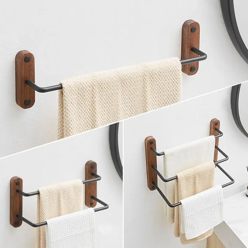 Bathroom Wood Aluminum Towel Hanger Wall Mounted Towel Rack Wood Towel Bar Rail for Bedroom Corner，Brass Hanging Rod
