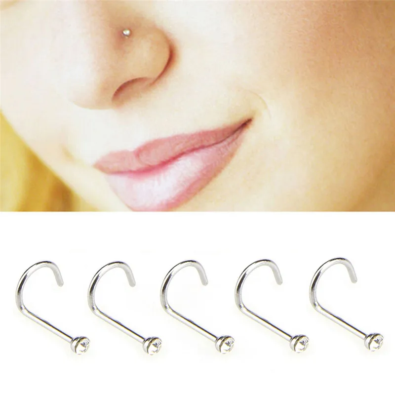 20pcs/lot Nose Studs Hooks Bar Body Piercing Jewelry Stainless Steel Crystal Rhinestone For Women  Surgical Steel Nose Ring