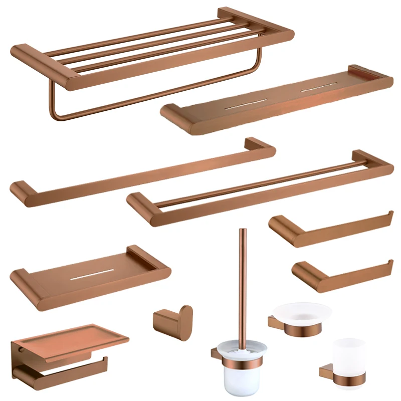 Brushed Rose Gold Wall Mount Shelf Toilet Bath Paper Holder Towel Bar Rack Rail Rod Robe Hook Hanger Bathroom Accessories