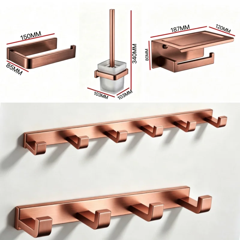Brushed Rose Gold Wall Mount Shelf Toilet Bath Hardware 2/4/6 Hook Paper Holder Towel Bar Rack Rail Rod Robe Hook Hanger