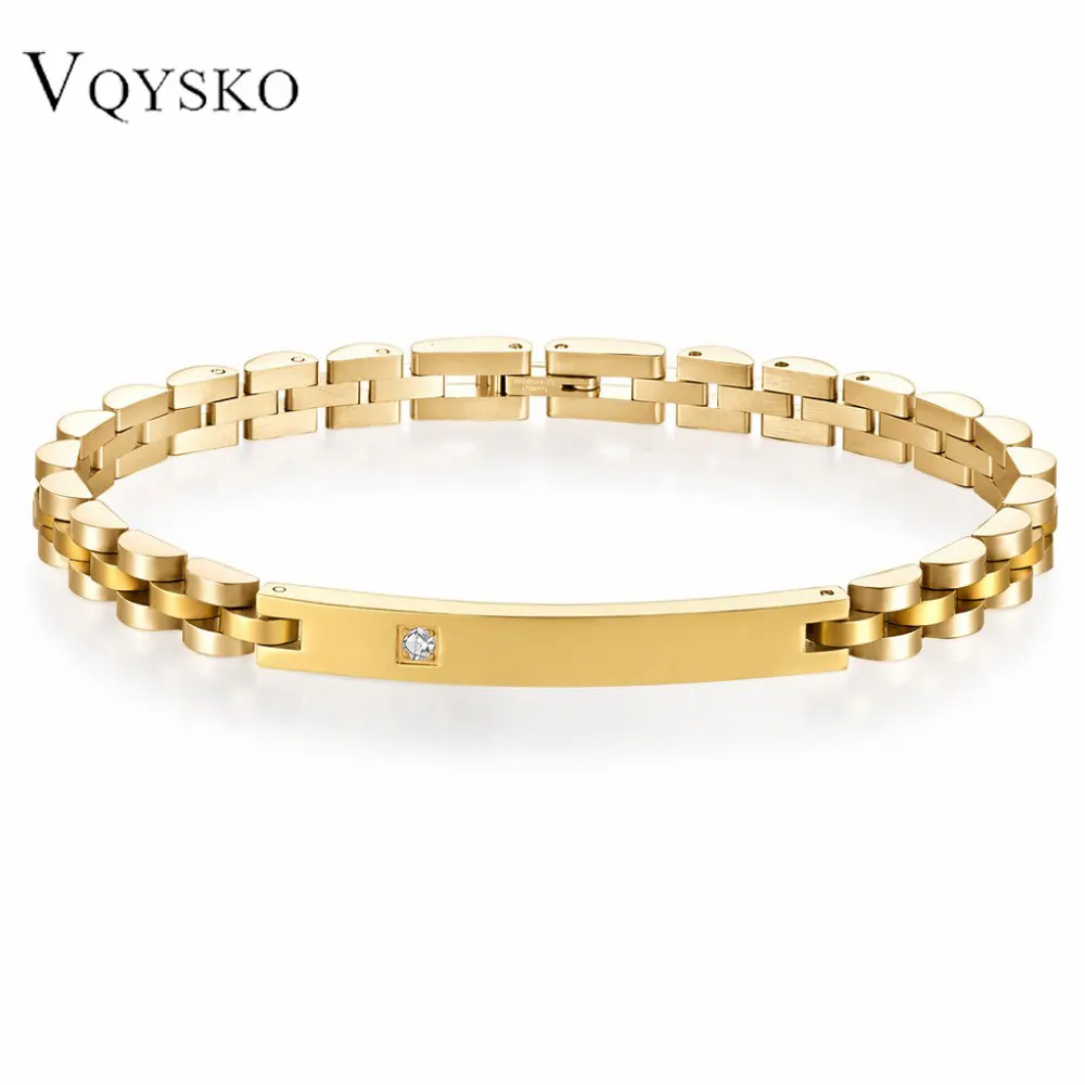 Punk Men's Gold Plated Link Chain Bracelet Personalized Nameplate Bar Bracelets for Women Stainless Steel Zircon Inlaid Jewelry