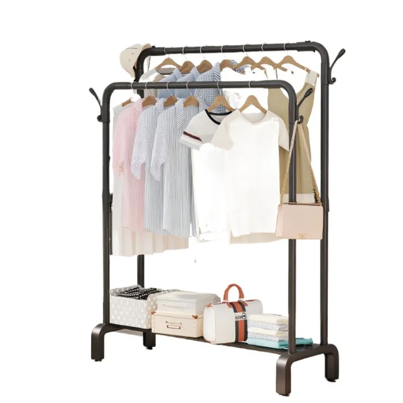 Upgraded double-rod metal cloth rack with hook, multi-functional anti-rust clothing rack, bedroom clothing storage rack