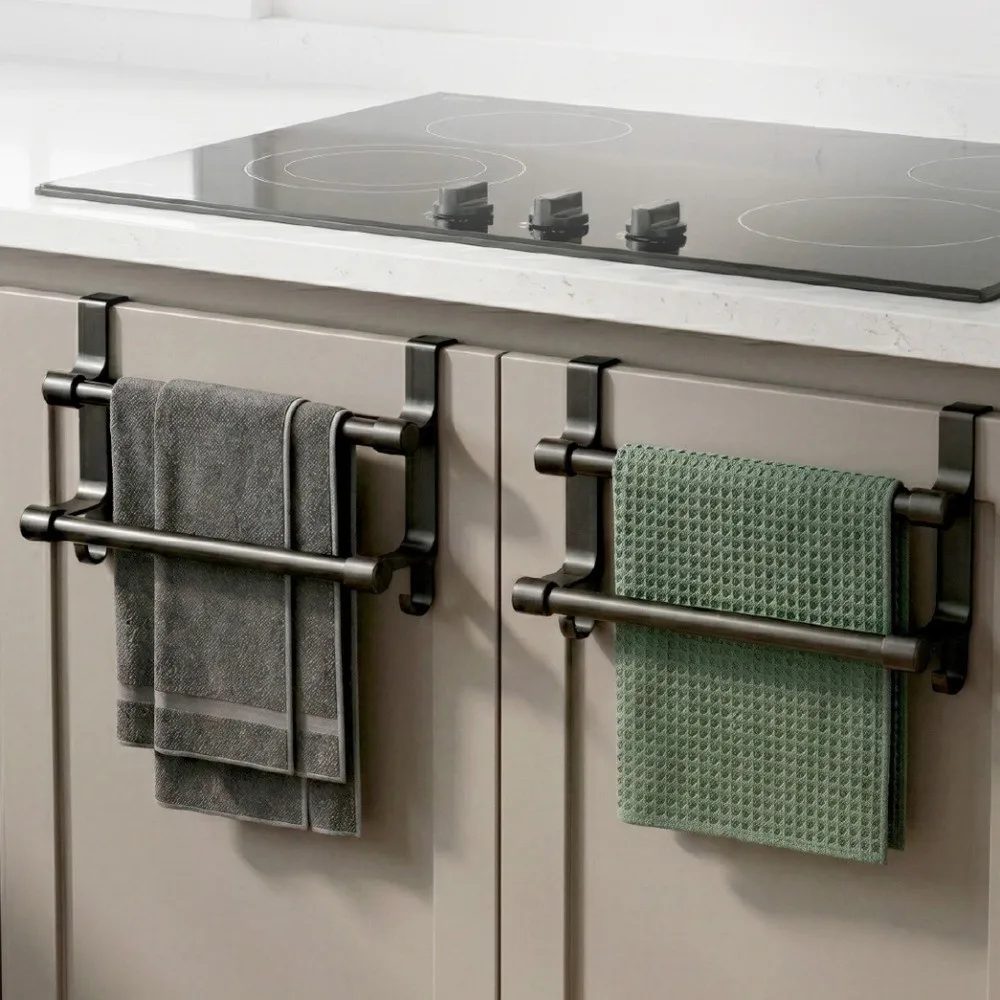 Space-Saving Double Rod Towel Rack Punch-Free Metal Door Rear Hook Storage Rack with Hooks Heavy Duty Bath Towel Organizer