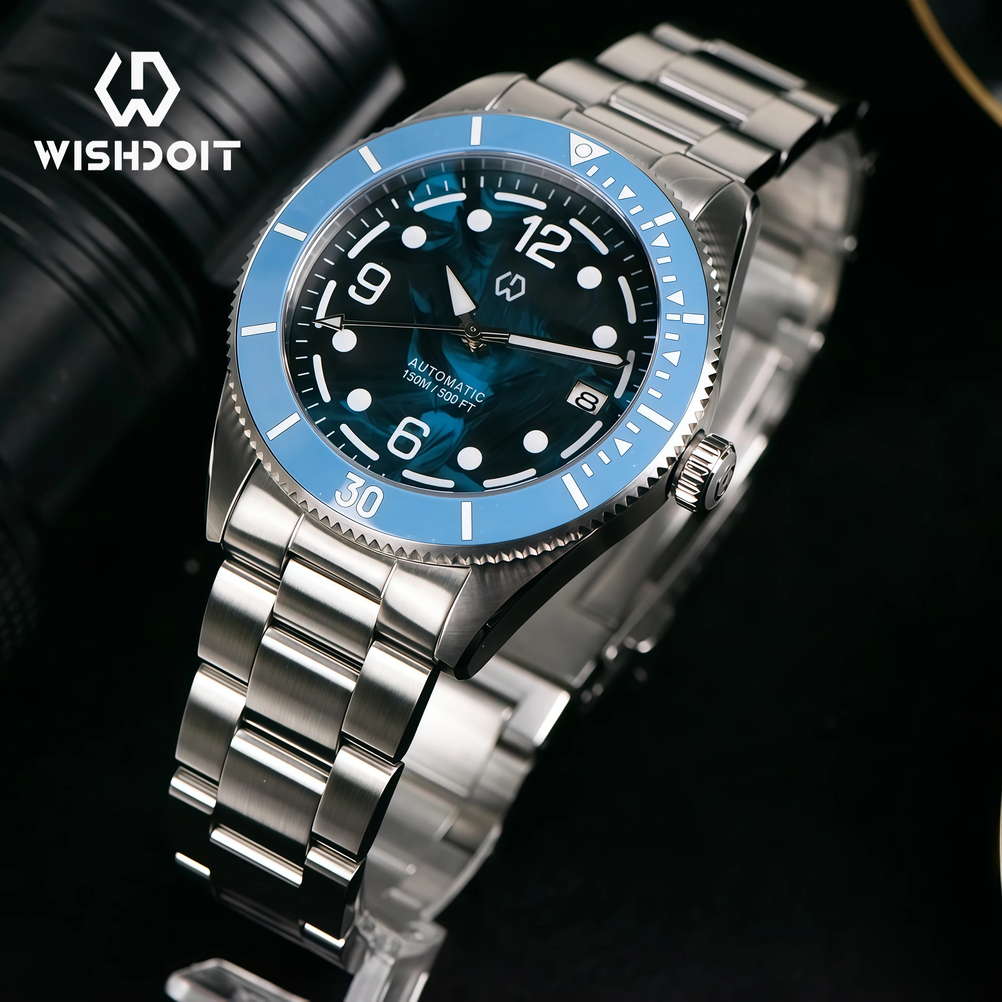 WISHDOIT Men's Classic Style NH35 Mechanical Watch Carbon Fiber Dial 150 Depth Waterproof Advanced Diving Watch