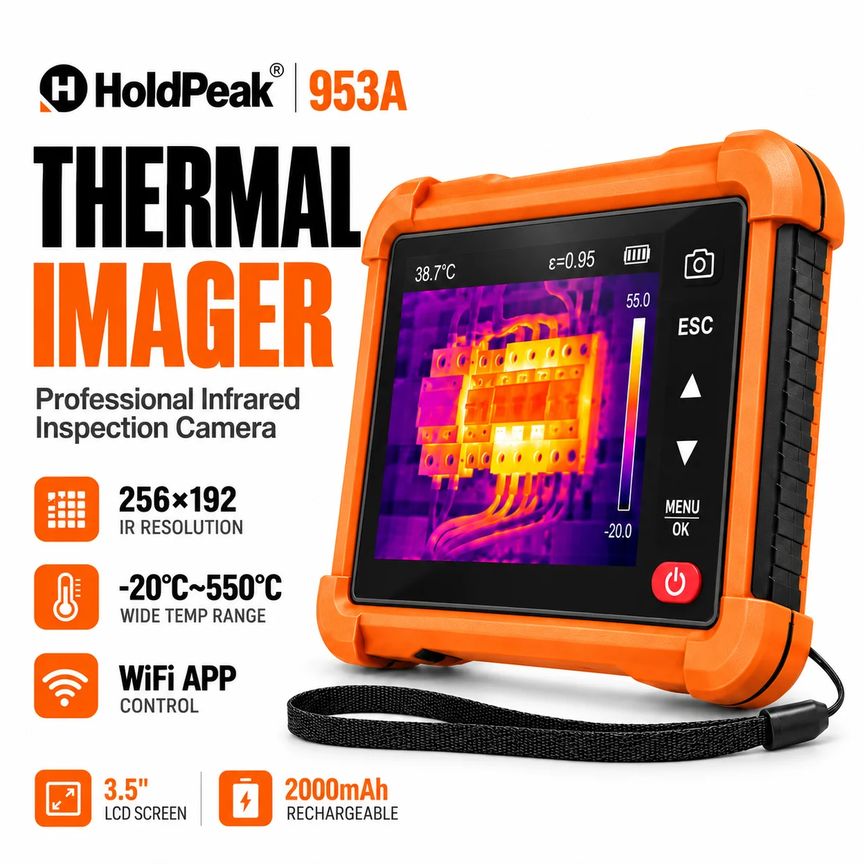 Flat Panel Thermal Imager 256×192 IR Resolution -20℃~550℃ WiFi APP Control 3.5-inch LCD High Low Temp Tracking Thermal Camera