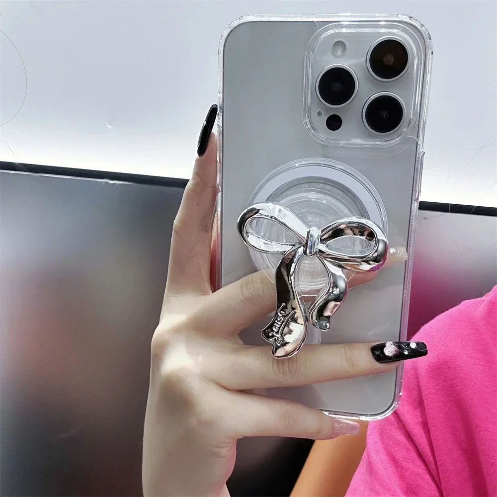 INS Korean Silver Bowknot For Magsafe Griptok Holder Phone Finger Ring Stand Support For iPhone 16 15 Samsung S24 Girl Bracket