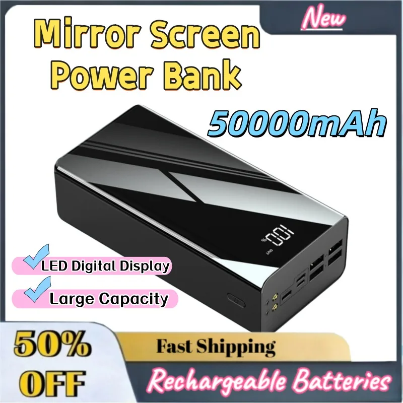 50000mAh Mirror Screen Power Bank LED Digital Display Large Capacity Portable Charger External Battery Pack for Cell Phones